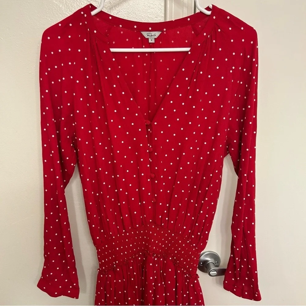 Rails Jasmine Dress Scarlet Red with White Polka Dots Long Sleeve Size Small